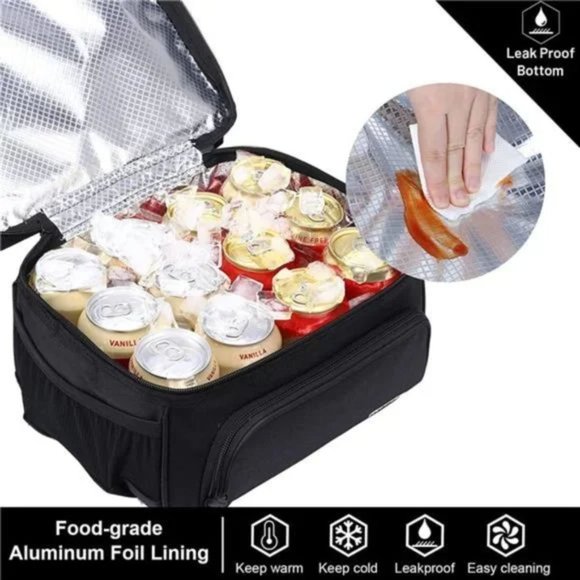 New Dual Compartment Lunch Bag Tote for Men & Women Leakproof Cooler Bag, Black - Picture 6 of 7